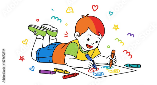 Happy Child Creatively Drawing With Crayons While Relaxing On White Background