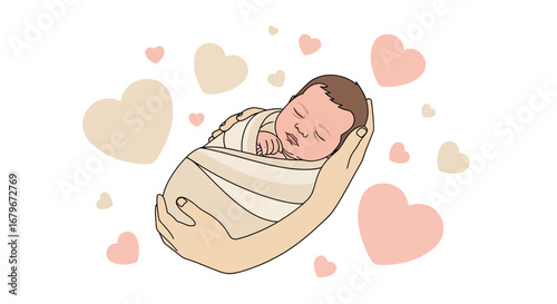 Gentle Embrace: Newborn Baby Held in Loving Hands with Floating Heart Symbols