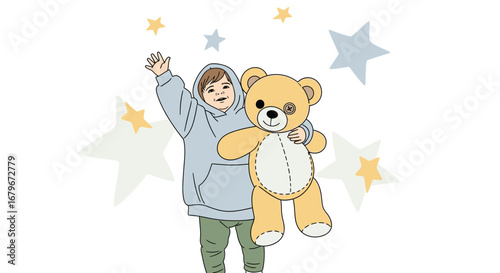 Happy Child Embraces Toy Bear Among Celestial Starry Backdrop in Artistic Illustration