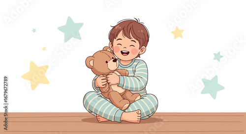 Happy Child Embracing Teddy Bear Amidst Cute Stars, Cozy and Peaceful Scene