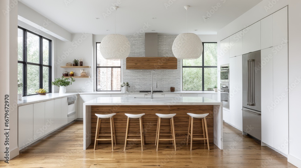 Fototapeta premium Spacious Modern Kitchen with Wooden Island and Glass Pendant Lamps
