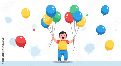 Happy Child Holding Colorful Balloons Celebrating Party or Fun Celebration