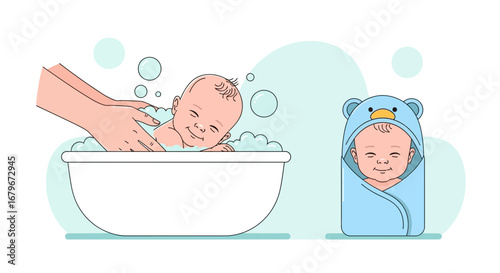 Gentle Infants Bathtime: A Joyful Illustration Depicting Baby's Bathe, Hygiene Practices