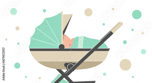 Gentle Naptime: A Sleeping Baby Comfortably Resting Within Its Stylish Pram