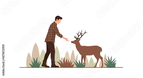 Gentle Interaction Depicting A Human Approaching A Majestic Deer In A Natural Setting