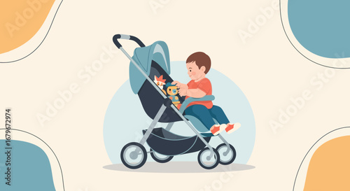 Happy Child Inside A Stroller Interacting With His Cute, Cheerful, And Playful Toys