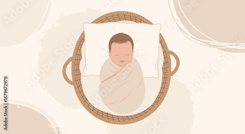 Gentle Newborn Baby Swaddled In Basket Resting Peacefully Representing Comfort and Security