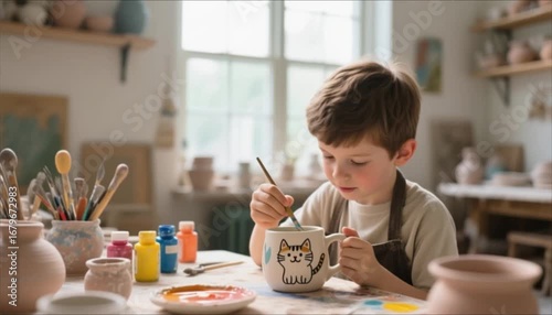 Young boy painting ceramic mug in studio with colorful paints  