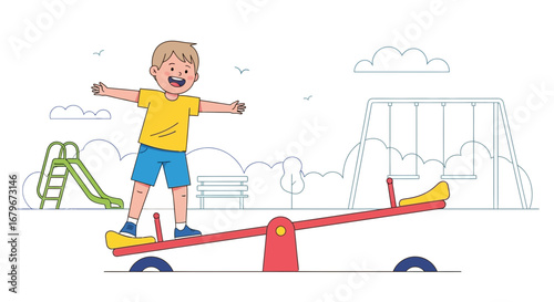 Happy Child Playing On Seesaw in Park on a Cheerful Sunny Day with Smiles