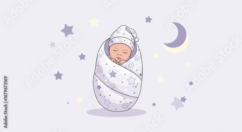 Gentle Slumber: Newborn Baby Swaddled in a Dreamy World of Stars and Celestial Charm