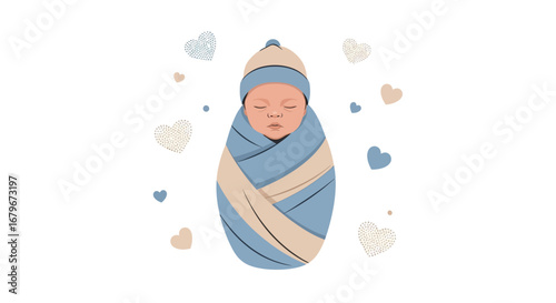 Gentle Swaddled Newborn Baby Surrounded By Loving Hearts In Soft Pastel Tones