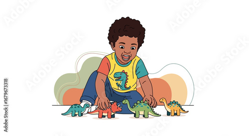 Happy child playing with dinosaur toys in a colorful cartoon illustration