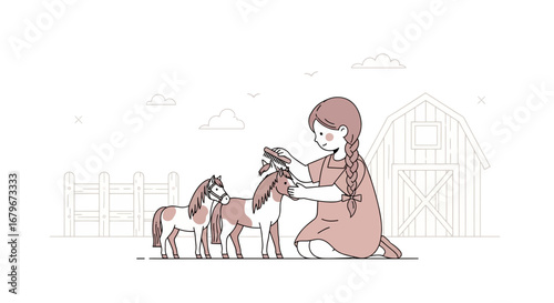 Girl Brushing Horses in a Barnyard Scene, Cute Cartoon Illustration Style
