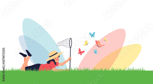 Girl Chasing Butterflies In A Green Field With A Net And Colorful Insects