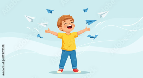 Happy Child Playing with Paper Airplanes in the Sky, Joyful Childhood Concept