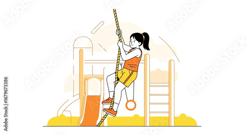 Girl Climbs Rope At A Playground Displaying Strength and Fitness Skills Confidently