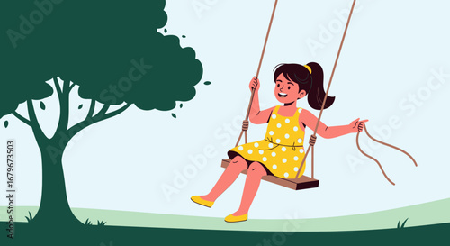 Girl enjoying a swing ride outdoors in a vibrant cartoon illustration landscape layout