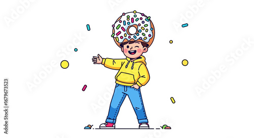 Happy child showing a donut, vector illustration or funny character concept design