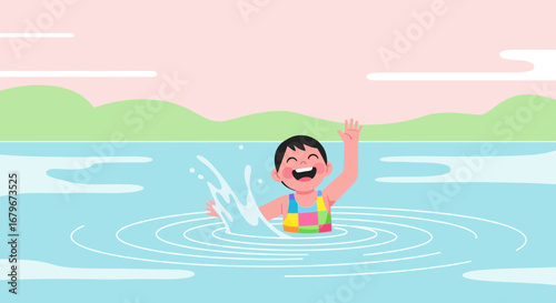 Happy child splashing in the water in the lake or sea on a beautiful sunny day