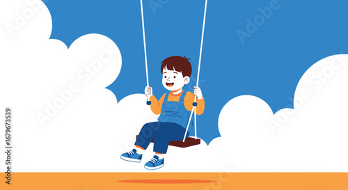 Happy Child Swinging on a Rope Swing with Cloud Background and Smiling Face Always
