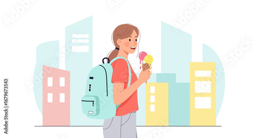 Girl Enjoys Ice Cream While Walking in the City as a Symbol of Urban Lifestyle