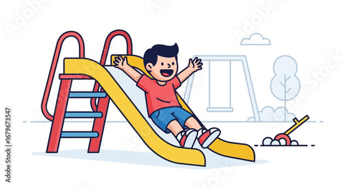 Happy child slides down a playground slide with open arms enjoying himself smiling