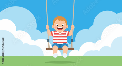 Happy child swinging on a swing set on a beautiful day with blue sky and clouds