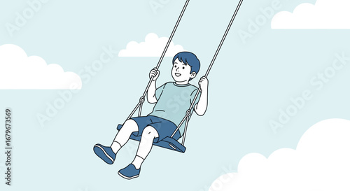 Happy child swinging on playground swing set enjoying a sunny day outdoors