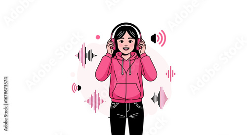 Girl Enjoys Music, Listening To Audio Using Headphones, Digital Sound Waves