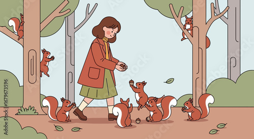 Girl feeding acorns to a group of squirrels in a forest cartoon illustration