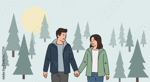 Happy couple holding hands walking in nature surrounded by pine trees outdoor activities