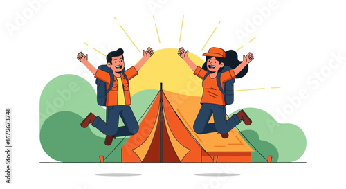 Happy couple jumping for joy exploring a camping adventure outdoor design vector illustration