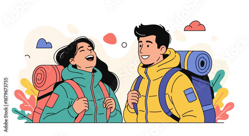 Happy couple on a hiking trip with backpacks, nature adventure illustration