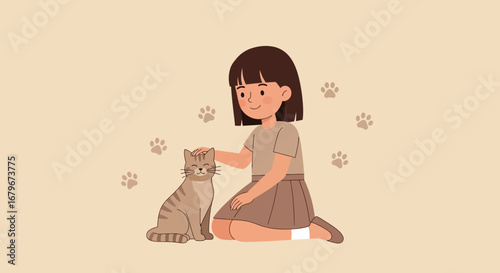 Girl Patting A Happy Cat, Beautiful Illustration, Showing Love and Sweetness, Cute Cartoon