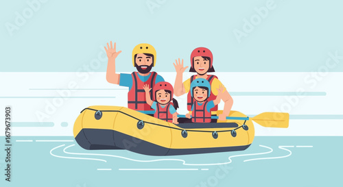 Happy Family Rafting Adventure on the River Enjoying Outdoors Fun Activity