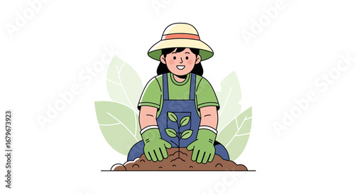 Happy Gardener Planting Seedling in Garden with Sunshine Hat and Overalls