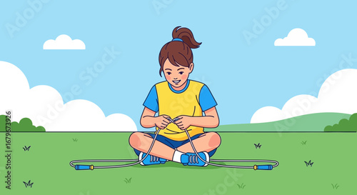 Girl preparing to jump rope on a sunny day preparing for exercise in a park
