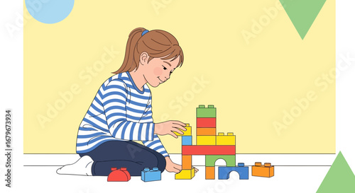 Girl playing with colorful building blocks and creating structures while having fun
