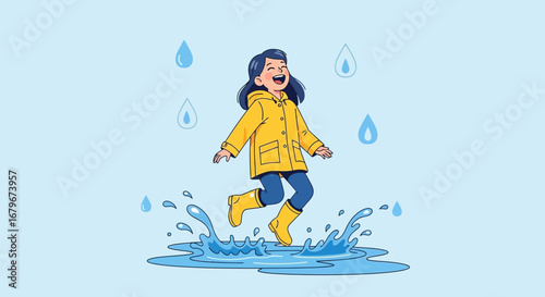 Happy girl enjoying rain and jumping in puddle, wearing yellow raincoat and boots illustration