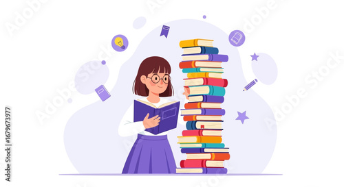 Girl Reading Next To Stack Of Books, Exploring Knowledge, Education And Wisdom