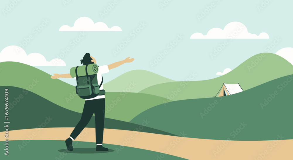 Obraz premium Happy hiker enjoying nature and camping in the mountains scenery background illustration