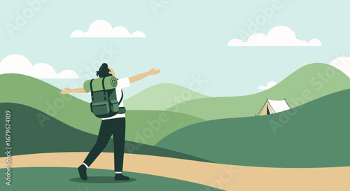Happy hiker enjoying nature and camping in the mountains scenery background illustration