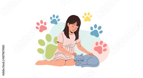 Girl Tenderly Petting a Gray Cat Enhanced by Adorable Colorful Paw Prints