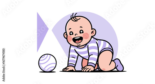 Happy Infant Crawling Towards Toy Ball with Joyful Expression in Vibrant Illustration