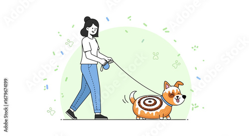 Girl walking her adorable dessert themed dog with a leash in a colorful cartoon design