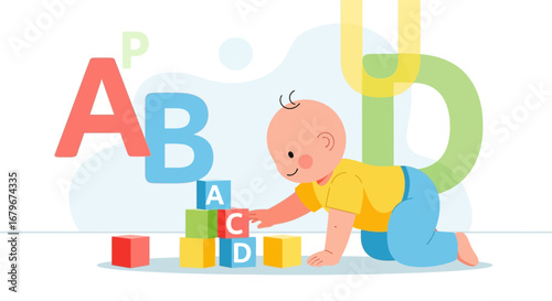 Happy Infant Learning ABCs Blocks, Simple Illustration of Early Childhood Education
