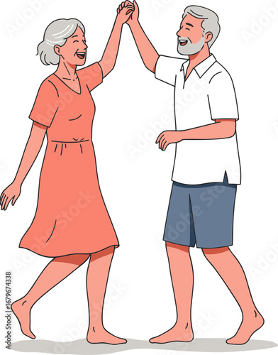 Elderly couple dancing joyfully together in casual summer clothing  