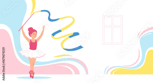 Graceful Ballerina Performing Gymnastics with Streamer in a Soft-Toned, Airy Composition