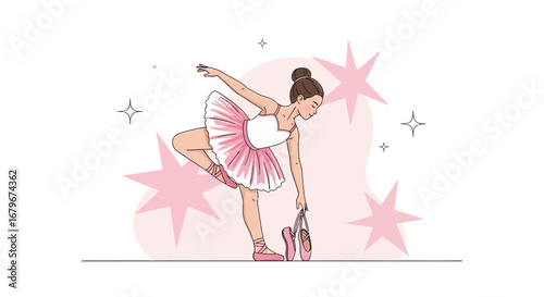 Graceful Ballerina in Motion with Ballet Shoes and Pink Starburst Background Art