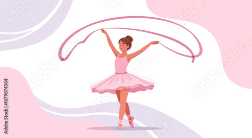 Graceful Ballerina Performing with Ribbon in a Charming and Delightful Ballet Dance Pose